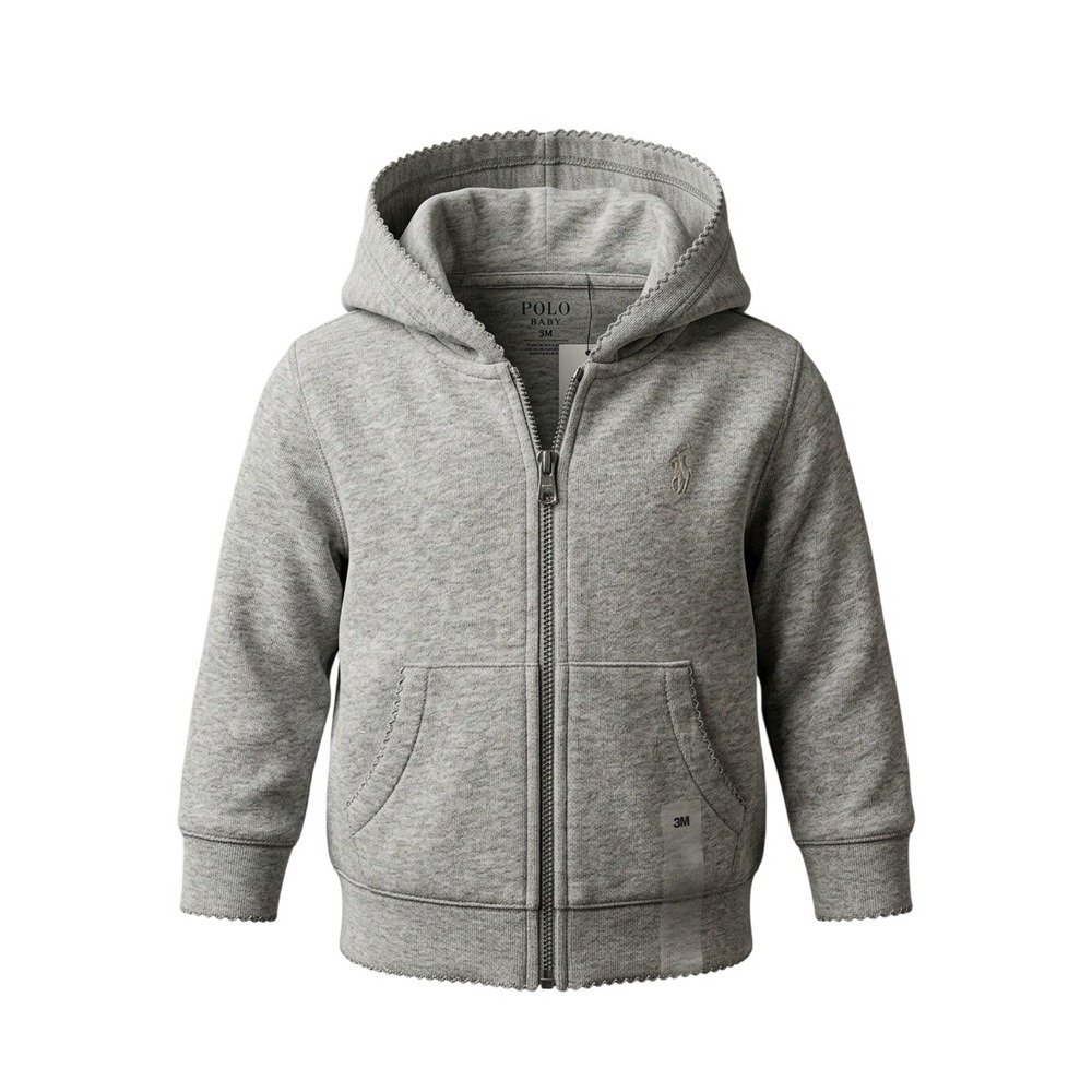 Polo Baby Boy Heather Grey Full Zip Hoodie Jacket Scalloped Embroidery Trim 3M